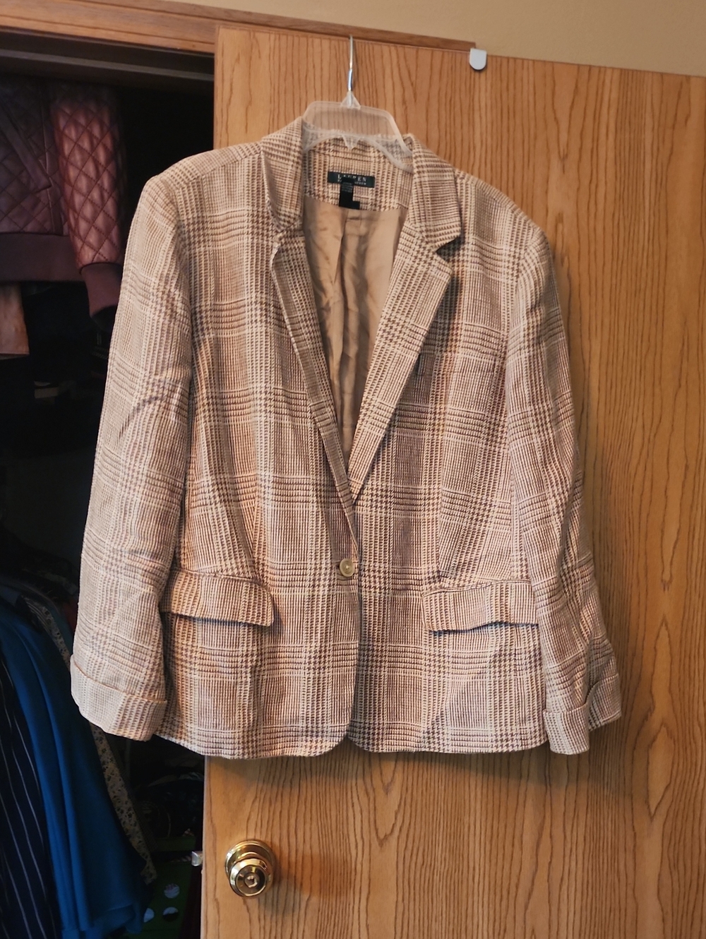 Lauren Ralph Lauren Beige Plaid Tailored Single-Button Blazer